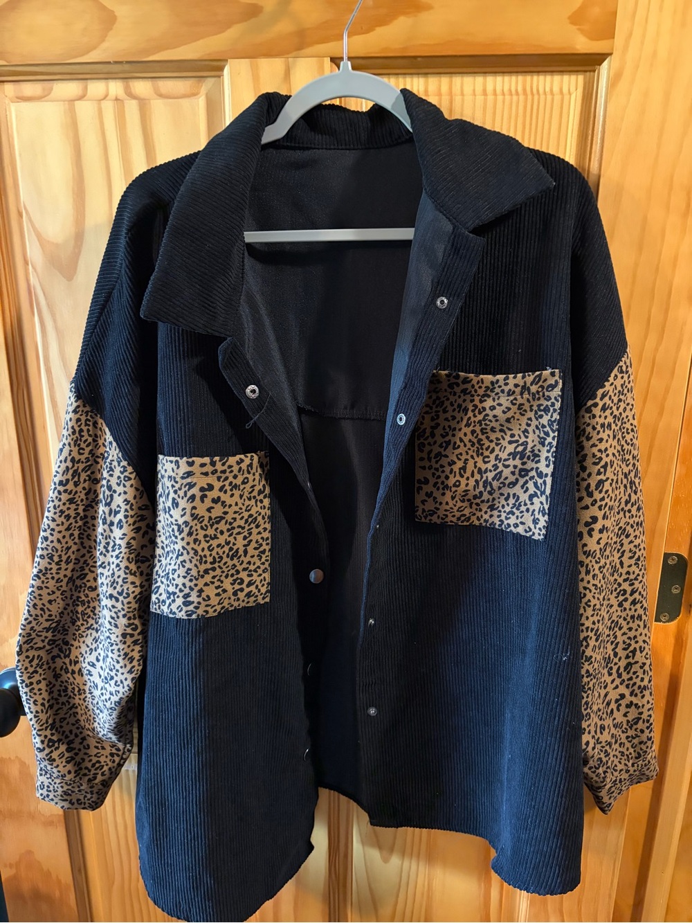Black Corduroy Jacket with Leopard Print Pockets and Sleeves